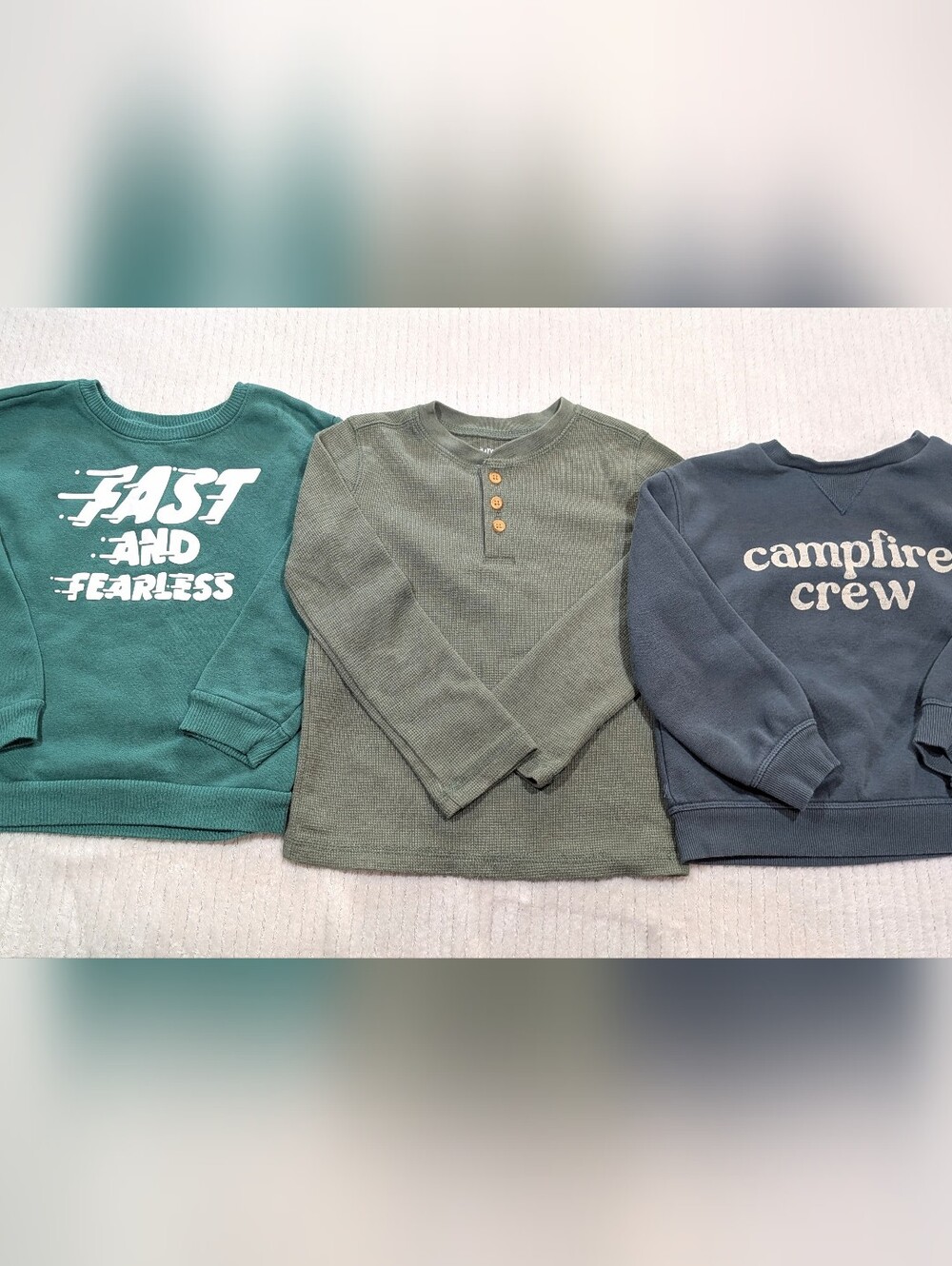 Kids Long-Sleeve Crew & Henley Shirt Bundle - Green, Olive, Blue - Size 4/4T